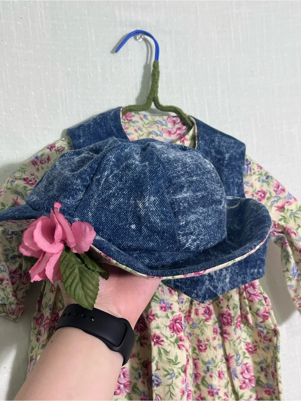 Handmade Doll Dress Outfit Set Floral Denim Dress Hat & Flower